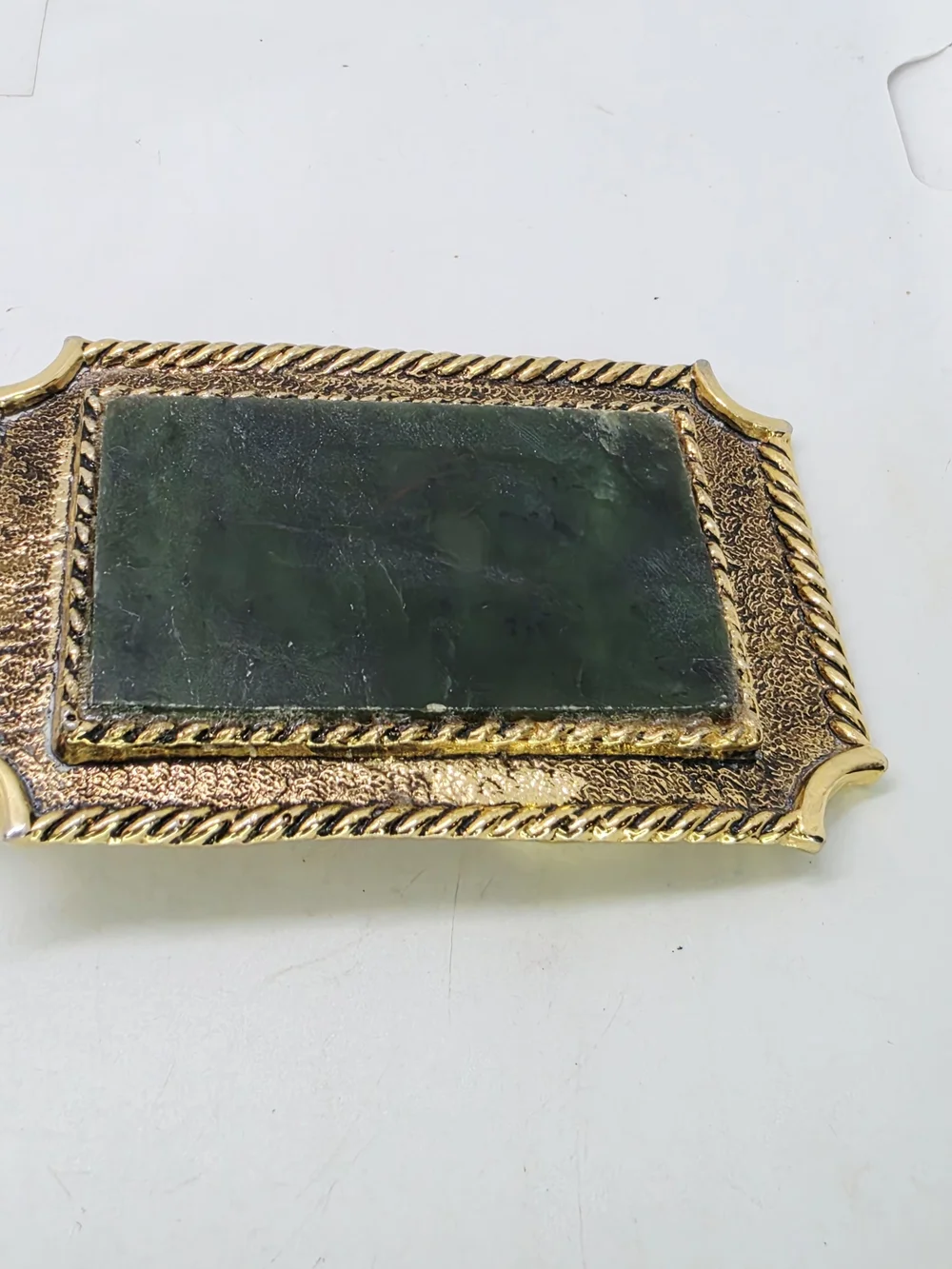 Vintage Gold Tone Western Belt Buckle Nephrite Jade Stone Slab Rope Edge Frame
